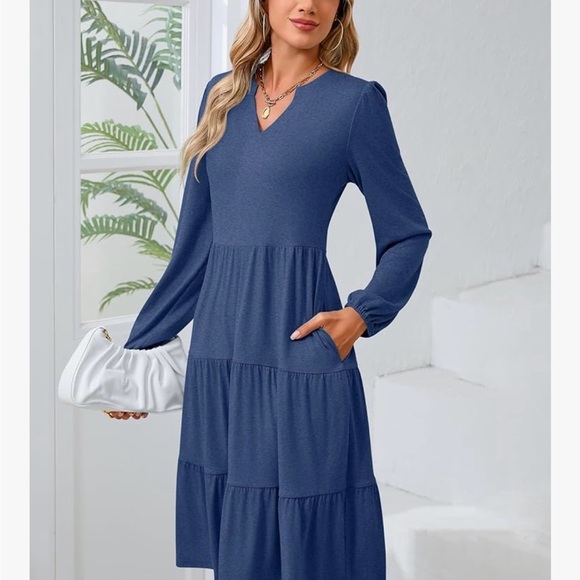 Elegant Blue Long Sleeve Dress - Picture 5 of 7
